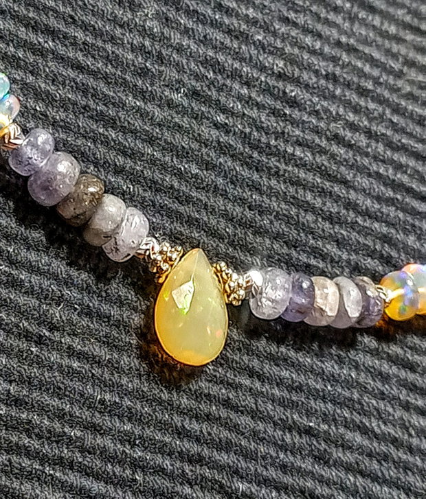Colier argint opal de foc etiopian tanzanit opal galben brioleta minimalist boho chic trendy - Transport gratuit