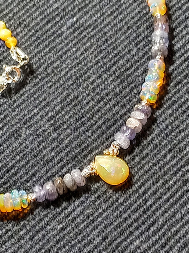 Colier argint opal de foc etiopian tanzanit opal galben brioleta minimalist boho chic trendy - Transport gratuit