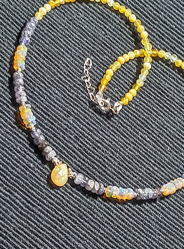 Colier argint opal de foc etiopian tanzanit opal galben brioleta minimalist boho chic trendy - Transport gratuit