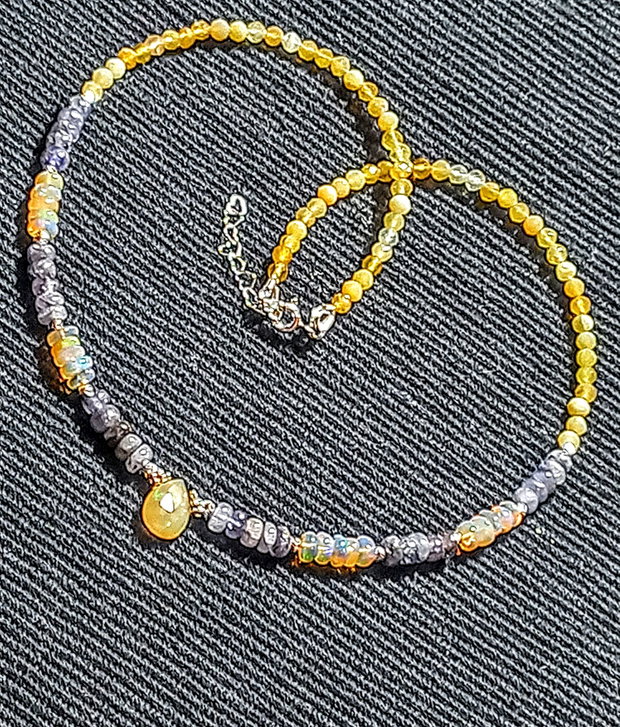 Colier argint opal de foc etiopian tanzanit opal galben brioleta minimalist boho chic trendy - Transport gratuit
