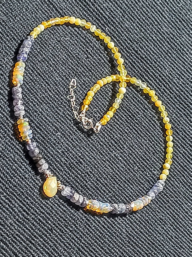 Colier argint opal de foc etiopian tanzanit opal galben brioleta minimalist boho chic trendy - Transport gratuit