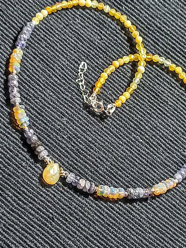 Colier argint opal de foc etiopian tanzanit opal galben brioleta minimalist boho chic trendy - Transport gratuit