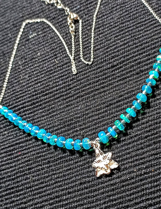 Colier argint opal de foc Paraiba albastru lant charm floare argint minimalist boho chic trendy cadou - Transport gratuit
