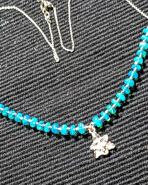 Colier argint opal de foc Paraiba albastru lant charm floare argint minimalist boho chic trendy cadou - Transport gratuit