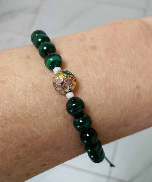 Brățară malachit natural și biluța cloisonnee, reglabilă