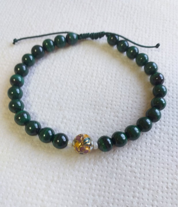 Brățară malachit natural și biluța cloisonnee, reglabilă