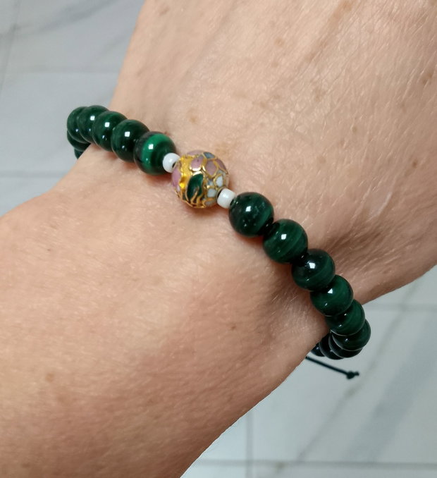 Brățară malachit natural și biluța cloisonnee, reglabilă