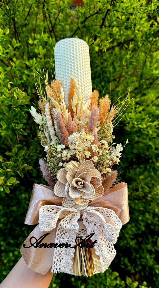 Lumanari nunta fagure 35x 6 cm si Buchet 20 cm cu flori uscate si stabilizate