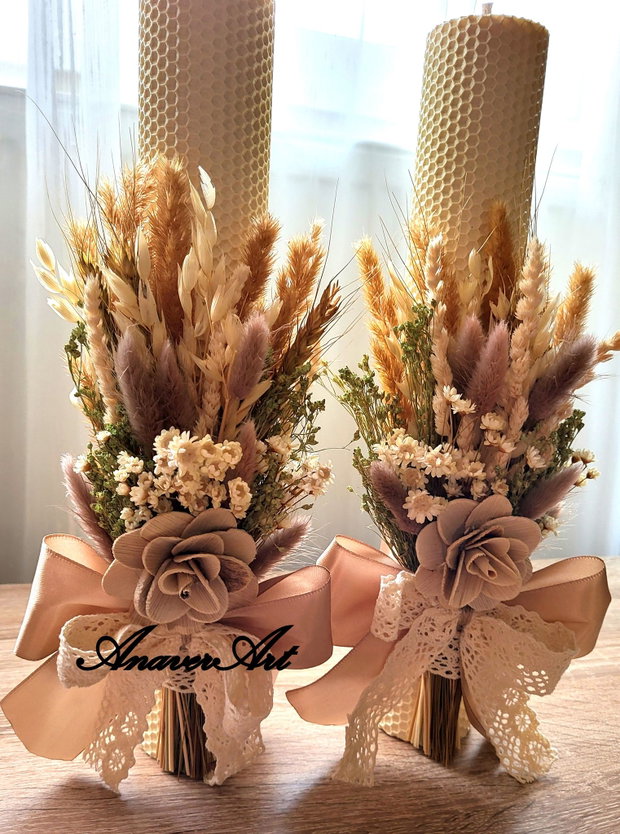 Lumanari nunta fagure 35x 6 cm si Buchet 20 cm cu flori uscate si stabilizate