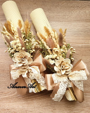 Lumanari nunta fagure 35x 6 cm si Buchet 20 cm cu flori uscate si stabilizate