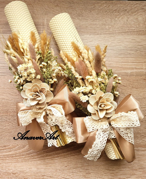 Lumanari nunta fagure 35x 6 cm si Buchet 20 cm cu flori uscate si stabilizate