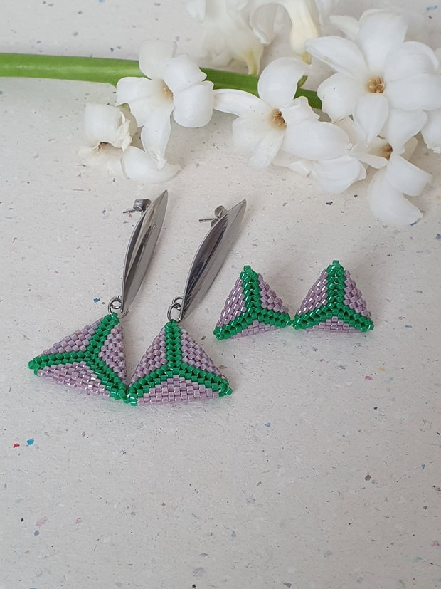 Cercei Handmade Triunghiulari din Mărgele Miyuki Lila și Verde