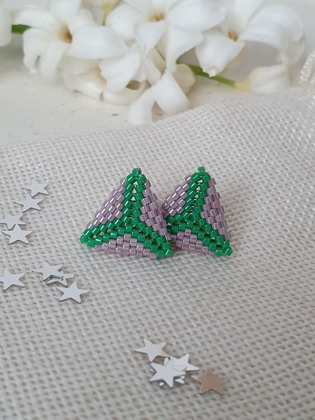 Cercei Handmade Triunghiulari din Mărgele Miyuki Lila și Verde