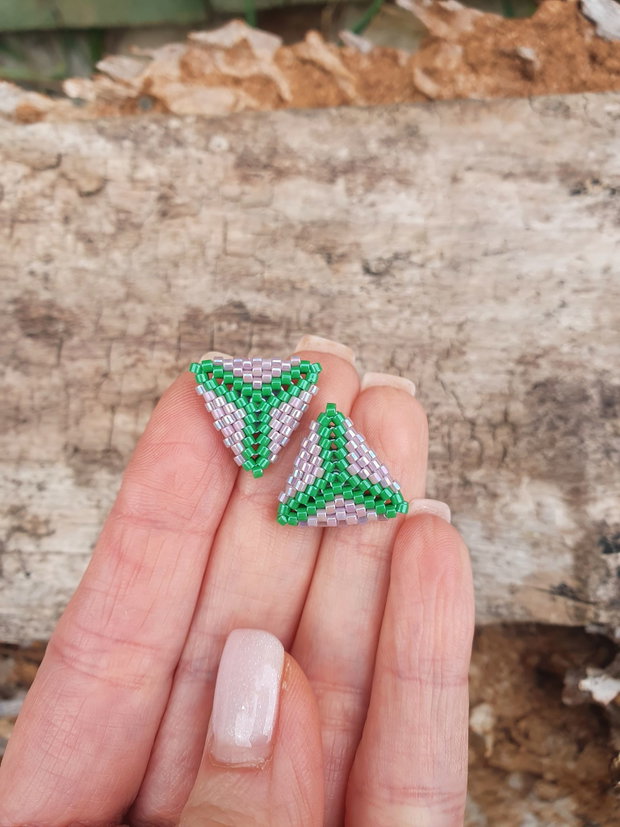 Cercei Handmade Triunghiulari din Mărgele Miyuki Lila și Verde