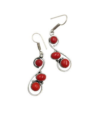 Cercei metalici design spiralat cu coral rosu, 4471