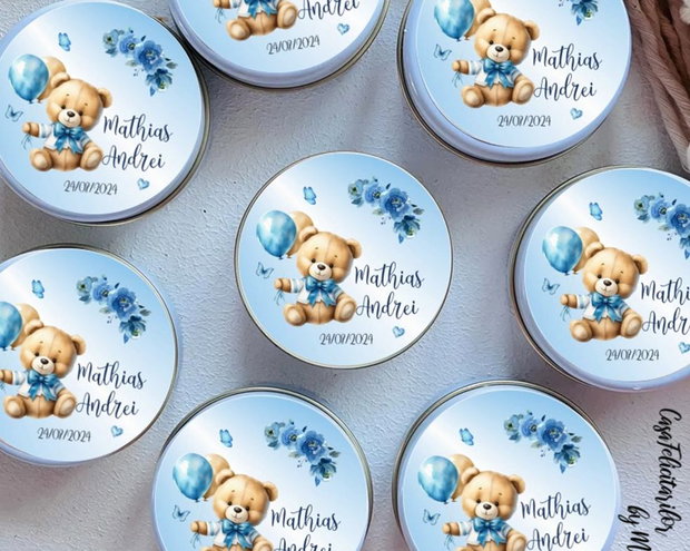 Etichete elegante mărturii botez băieți fundal bleu, text alb