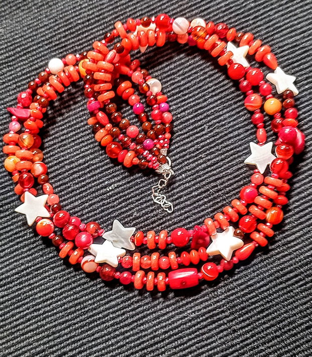 Colier argint X3 mixt pietre semipretioase jad coral agat sidef stele bratara wrap boho chic trendy