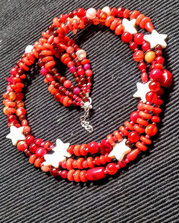 Colier argint X3 mixt pietre semipretioase jad coral agat sidef stele bratara wrap boho chic trendy