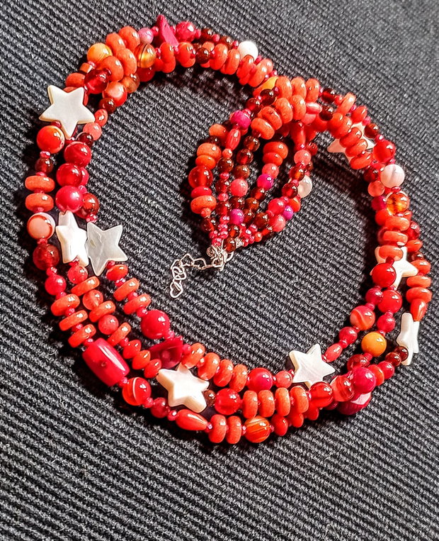 Colier argint X3 mixt pietre semipretioase jad coral agat sidef stele bratara wrap boho chic trendy