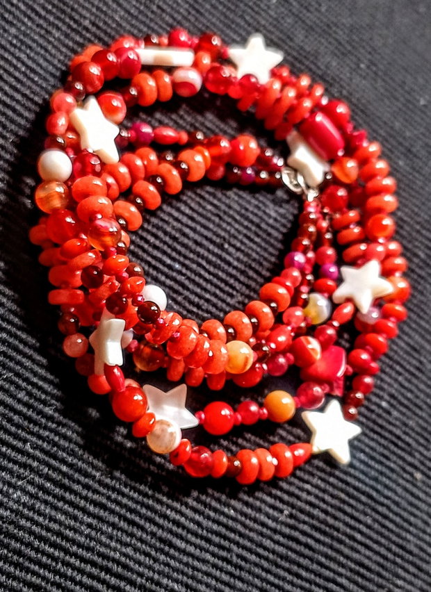 Colier argint X3 mixt pietre semipretioase jad coral agat sidef stele bratara wrap boho chic trendy
