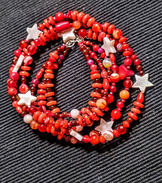 Colier argint X3 mixt pietre semipretioase jad coral agat sidef stele bratara wrap boho chic trendy