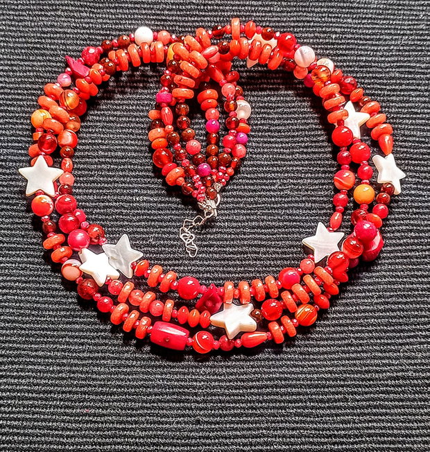 Colier argint X3 mixt pietre semipretioase jad coral agat sidef stele bratara wrap boho chic trendy
