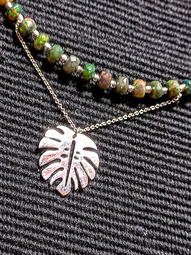 Colier argint opal de foc etiopian verde spinel grafitat charm frunza monstera lant argint minimalist boho chic trendy cadou - Transport gratuit