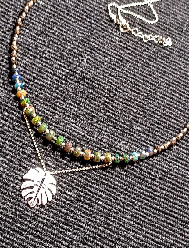 Colier argint opal de foc etiopian verde spinel grafitat charm frunza monstera lant argint minimalist boho chic trendy cadou - Transport gratuit