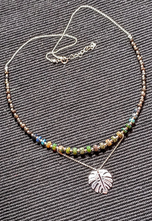 Colier argint opal de foc etiopian verde spinel grafitat charm frunza monstera lant argint minimalist boho chic trendy cadou - Transport gratuit