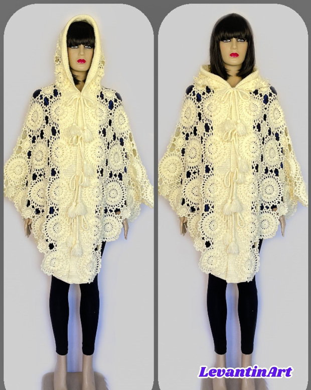 Pelerină croșetată manual ivoire cu glugă poncho elegant boho, piesă unicat pentru evenimente și ținute speciale