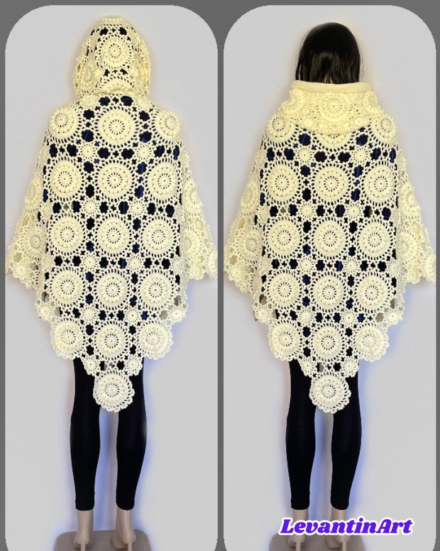 Pelerină croșetată manual ivoire cu glugă poncho elegant boho, piesă unicat pentru evenimente și ținute speciale