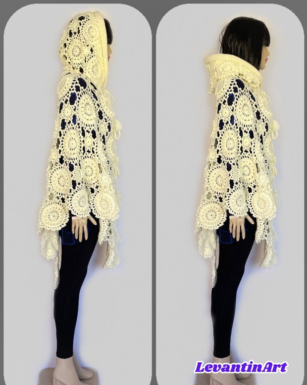 Pelerină croșetată manual ivoire cu glugă poncho elegant boho, piesă unicat pentru evenimente și ținute speciale