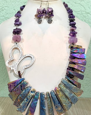 SET~BUTTERFLY RAINBOW~agate,ametist,charoit,hematit,zamac,inox