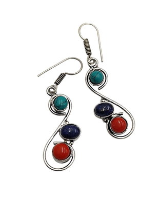 Cercei metalici design spiralat cu howlite, lapis si coral 4472