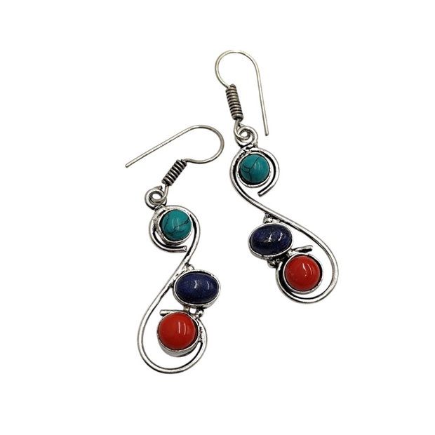 Cercei metalici design spiralat cu howlite, lapis si coral 4472