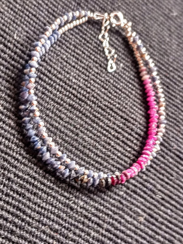 Bratara argint X2 safir albastru roz nuante minimalista asimetrica boho chic trendy - Transport gratuit