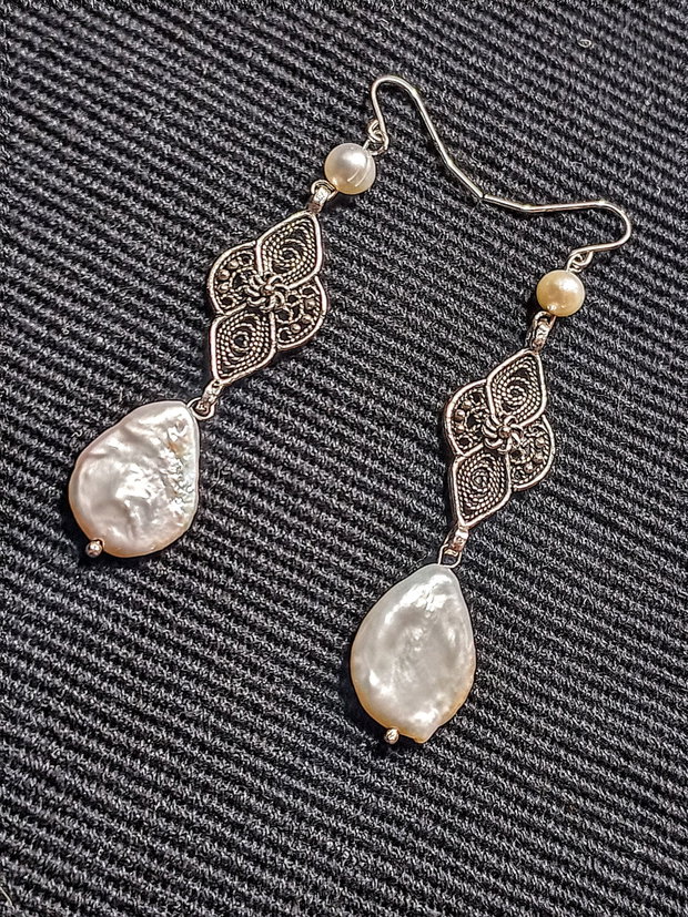 Cercei argint perle naturale de cultura picatura baroc conector filigranat argint boho chic trendy - Transport gratuit