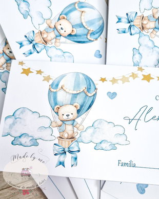 Plic de bani botez urs cu balon baby blue