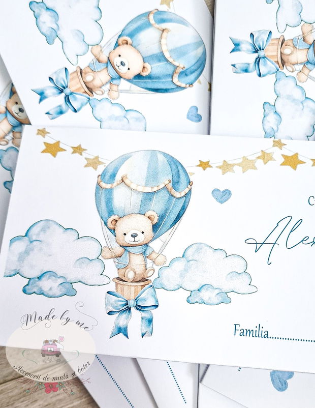 Plic de bani botez urs cu balon baby blue