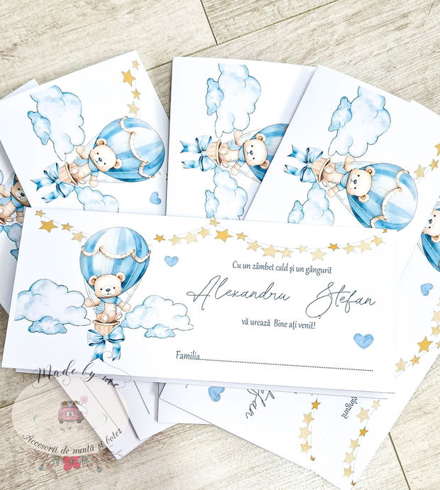 Plic de bani botez urs cu balon baby blue