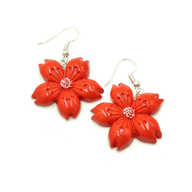 Cercei fimo, flori rosii cu cinci petale, 4484