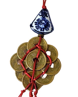 Talisman / amuleta Feng Shui pentru casa cu 9 monede chinezesti, selenit si jad verde - noroc, abundenta si curatare energetica