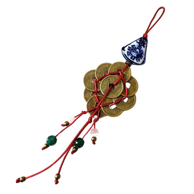 Talisman / amuleta Feng Shui pentru casa cu 9 monede chinezesti, selenit si jad verde - noroc, abundenta si curatare energetica