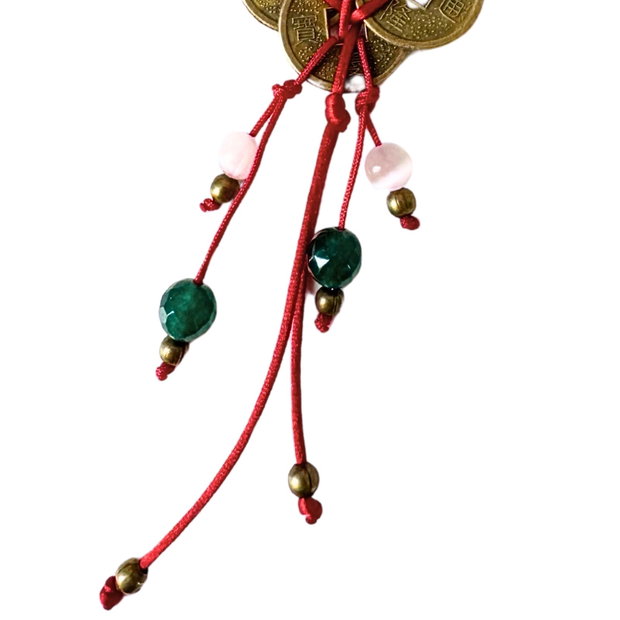 Talisman / amuleta Feng Shui pentru casa cu 9 monede chinezesti, selenit si jad verde - noroc, abundenta si curatare energetica