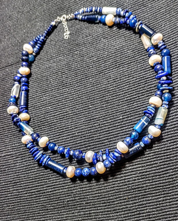 Colier argint X2 lapis lazuli perle naturale de cultura agat boho chic trendy - Transport gratuit