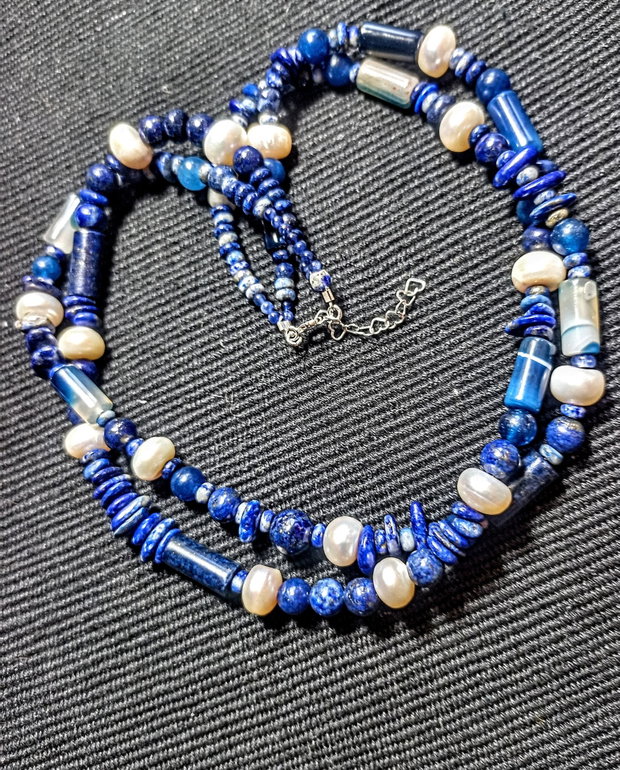 Colier argint X2 lapis lazuli perle naturale de cultura agat boho chic trendy - Transport gratuit