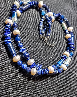 Colier argint X2 lapis lazuli perle naturale de cultura agat boho chic trendy - Transport gratuit
