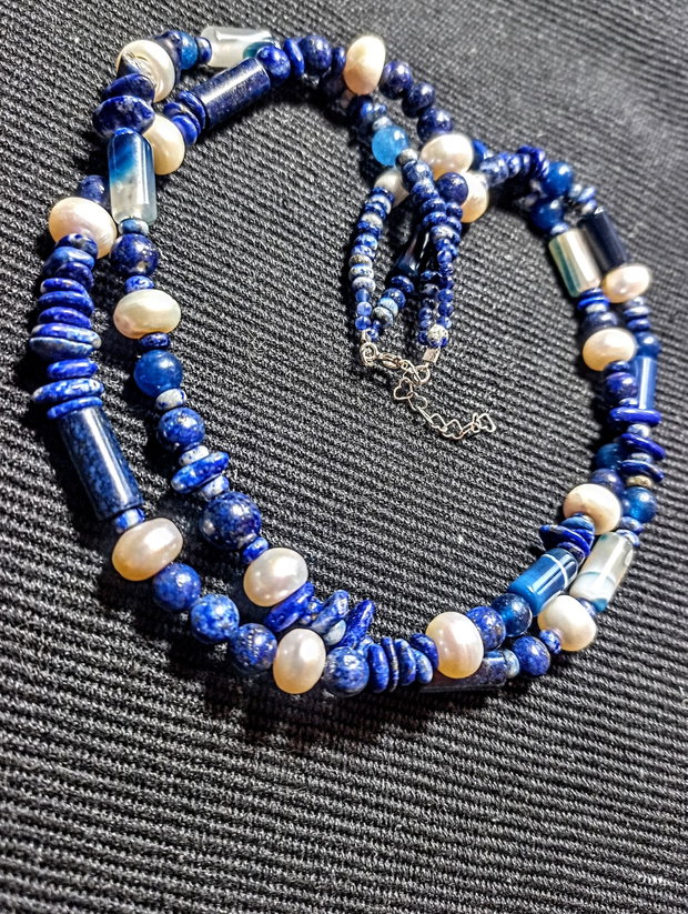 Colier argint X2 lapis lazuli perle naturale de cultura agat boho chic trendy - Transport gratuit