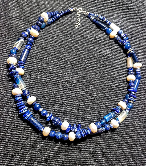Colier argint X2 lapis lazuli perle naturale de cultura agat boho chic trendy - Transport gratuit