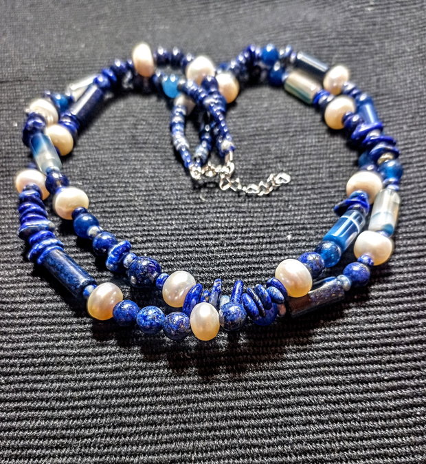 Colier argint X2 lapis lazuli perle naturale de cultura agat boho chic trendy - Transport gratuit